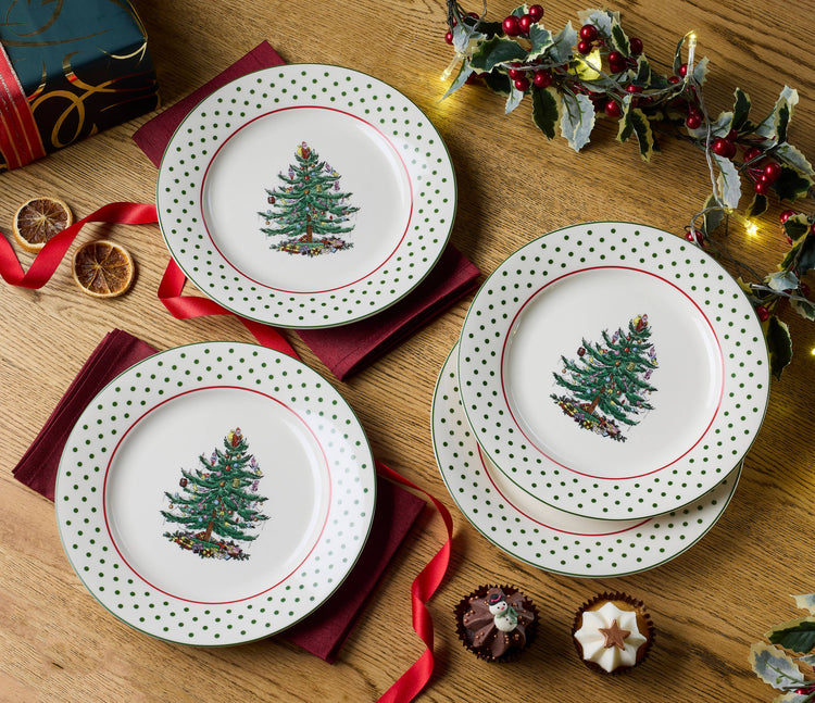 Christmas Tree Polka Dot S/4 Dessert Plates