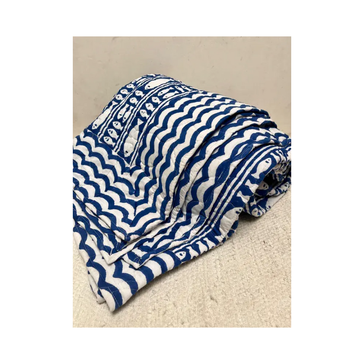 Quilted throw blanket 70x90 Striped Fish Blue and white striped bedspread with nautical fish print