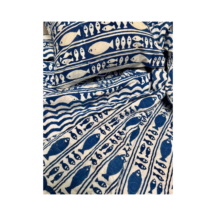Quilted throw blanket 70x90 Striped Fish Blue and white striped bedspread with nautical fish print