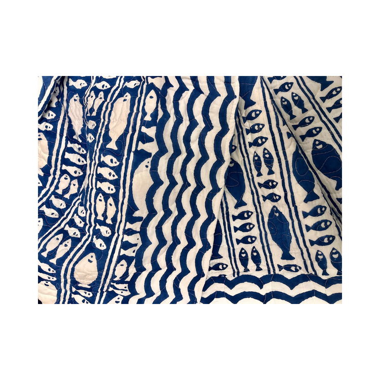 Quilted throw blanket 70x90 Striped Fish Blue and white striped bedspread with nautical fish print