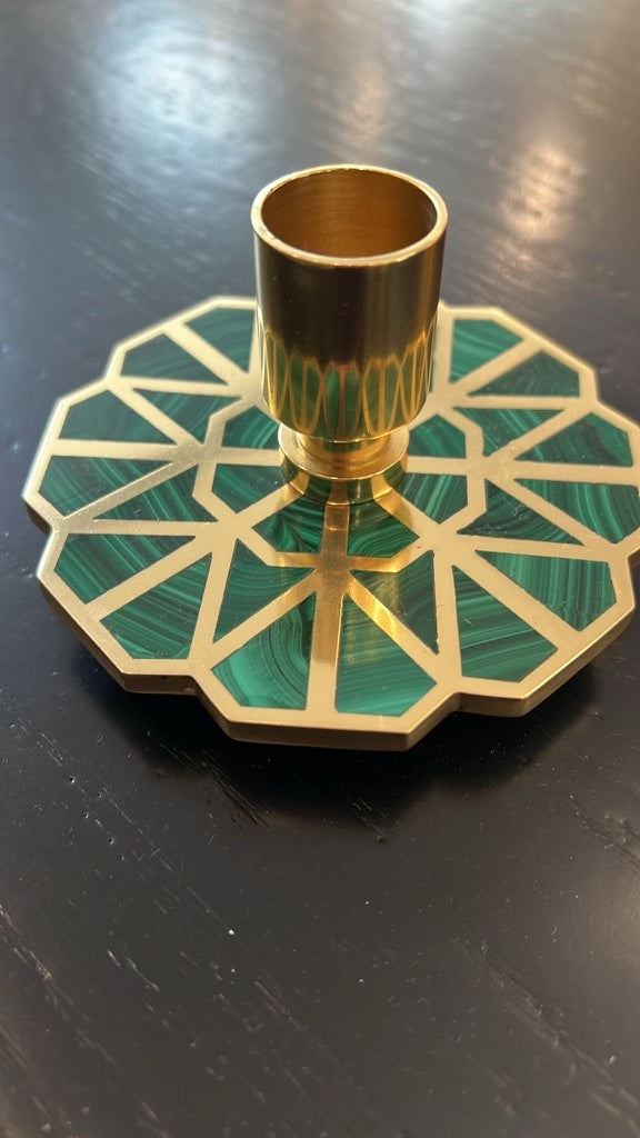 Viya Home Mughal Malachite Brass Candle Holder 4 x 2.2in