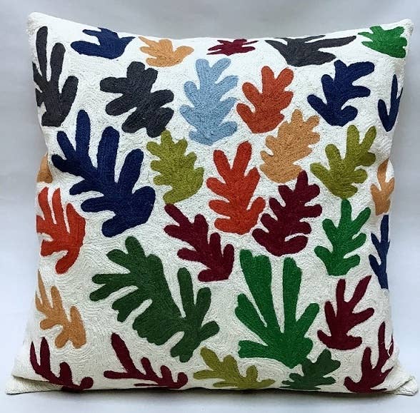 Artistic Matisse Leaves Chainstitch Pillow 18x18 with insert