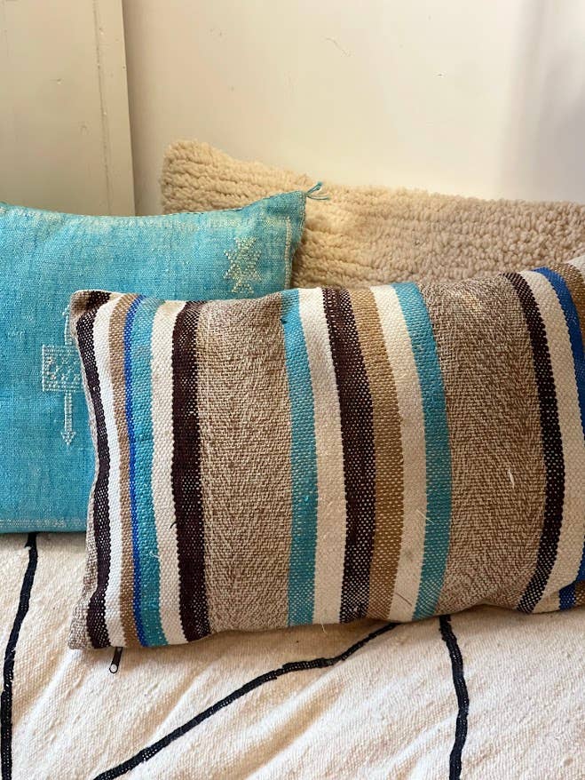 Bohemian Blue Stripe Cactus Silk Moura Pillow with insert