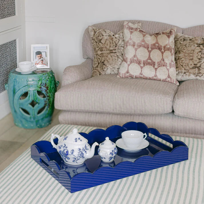Large 26"x17" Navy Blue Scalloped Lacquer Ottoman/Serving Tray, by Addison Ross