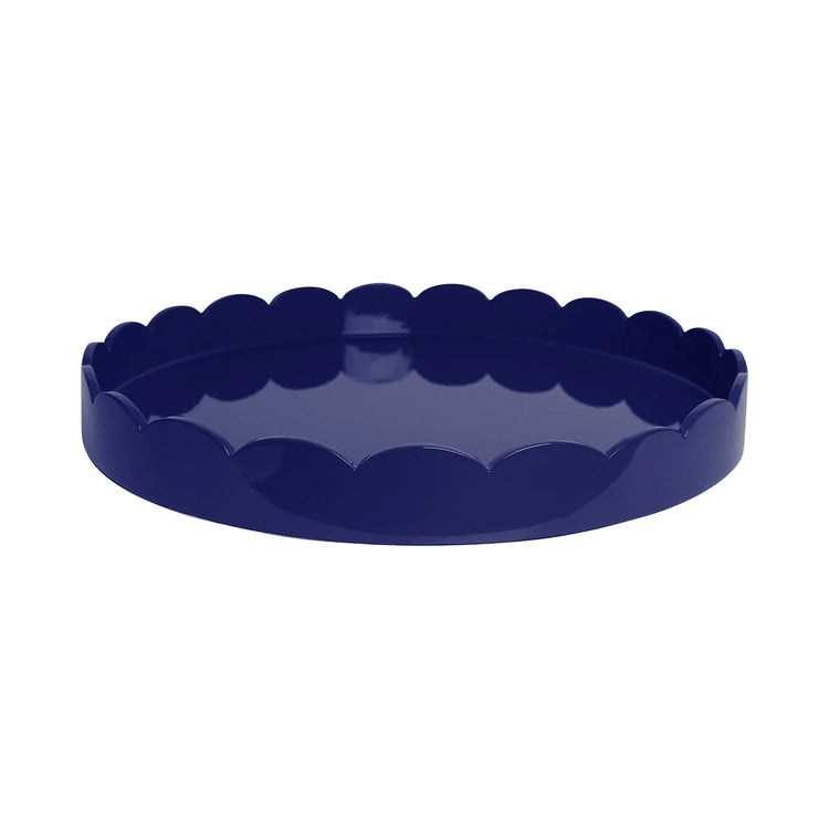Large Round Navy Blue Scalloped Lacquer Ottoman/Serving Tray, 20 x 20 x 2" Addison Ross