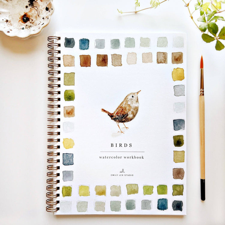 A watercolor workbook titled 'BIRDS' with an illustration of a bird and color squares on the cover, placed next to a paintbrush.