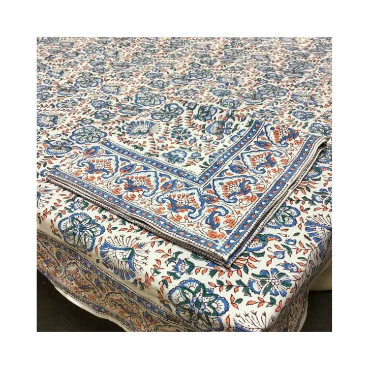 Blue Starflower 85inch round tablecloth. Vibrant floral design, sustainable fabric. Perfect for round tables. Bold florals.