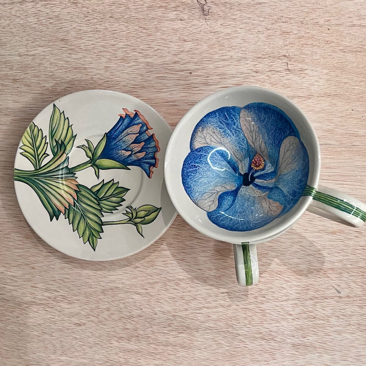 Hand Painted Botanical Tea cup saucer in Blue Tulip