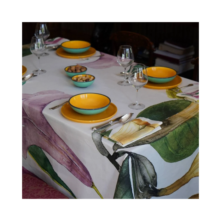 Datura Tablecloth 63x87inch | Large Floral Table Linen Large, vibrant floral print. Sustainable fabric, artisan-made. Statement piece for dining. Large scale statement florals