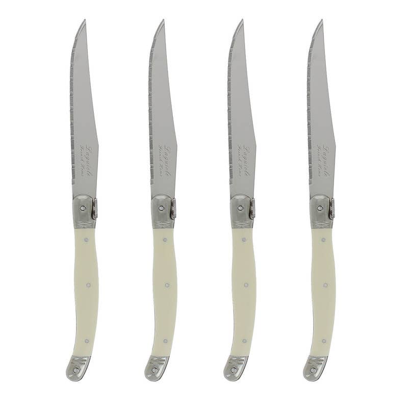 Laguiole 6-Piece Steak Knife Set - Serrated Stainless Blades, Ivory Pale Horn Handles, Made In France
