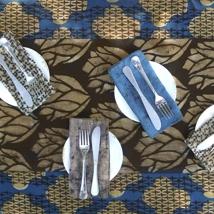 Gold Leaf Block Print Table Runner mixed with blue decor