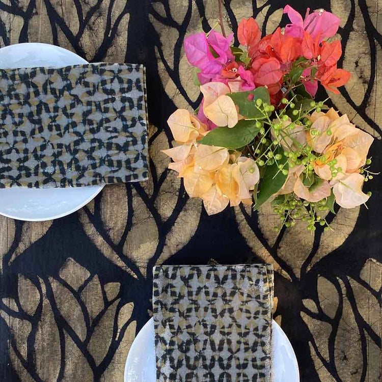 Gold Leaf Block Print Table Runner tablesetting close up