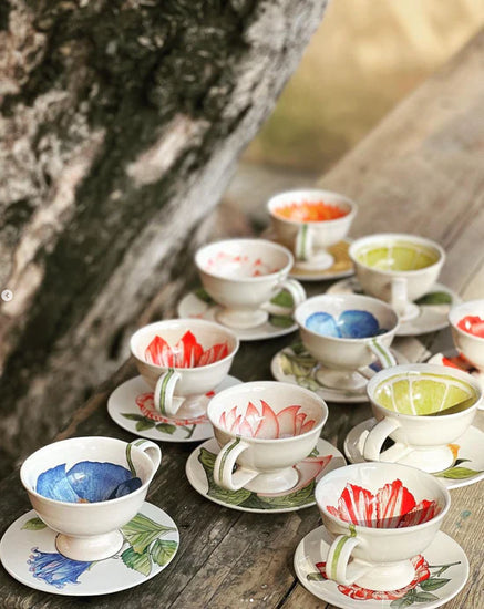 Hand Painted Botanical Tea cup saucer in Hibiscus