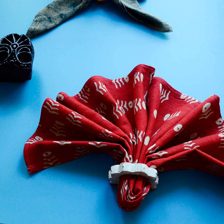 Holiday Red Floral Block Print Napkins Set of 4 fan fold