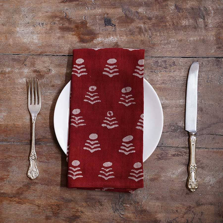 Holiday Red Floral Block Print Napkins Set of 4 table setting