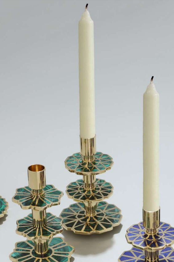 Viya Home Mughal Malachite Brass Candle Holder 4 x 6in