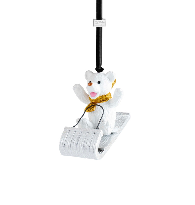 Michael Aram sledding teddy ornament, metal with playful design, for whimsical decoration.
