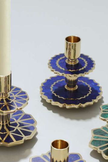 Mughal Lapis Lazuli Brass Candle Holder 4x4in - artisan made home decor from Home & Earth