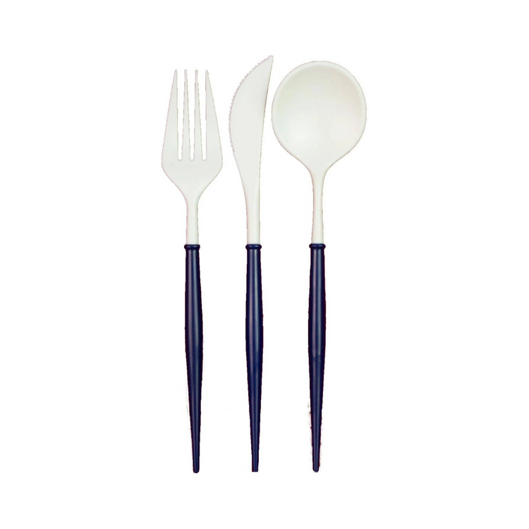 Navy plastic cutlery with fork, spoon, knife, 24 pieces, serves 8