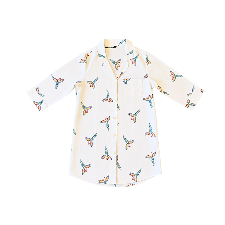 Parrot (Medium) Cotton PJ Button Down Shirt with Embroidery, Long Sleeve
