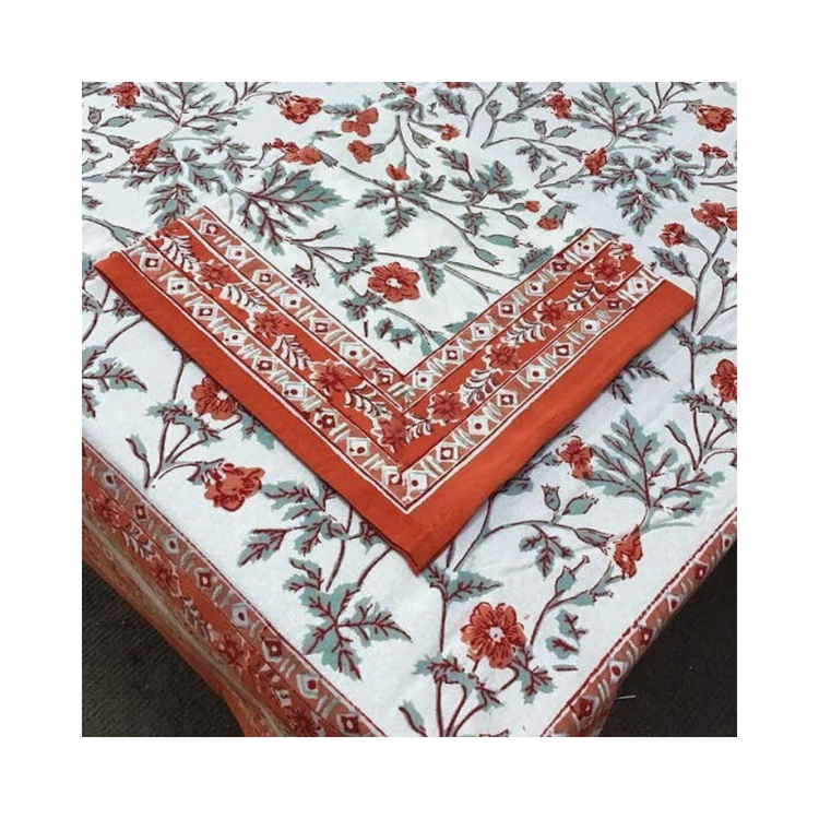 Rock Rose natural 60x90 inch tablecloth, handblock printed, with a natural and earthy color palette. orange white floral