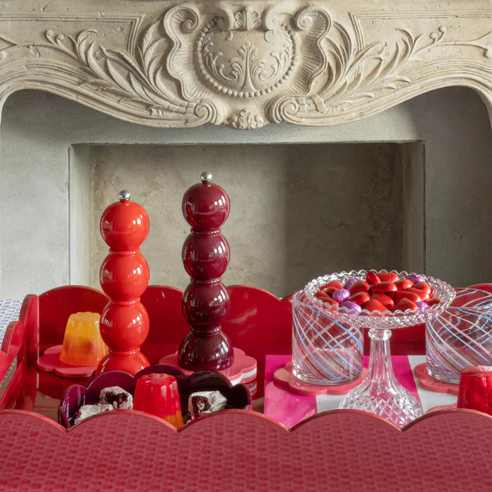 Salt Pepper Grinder, Bobbin Deep Cherry Red, 24cm displayed in red tray.