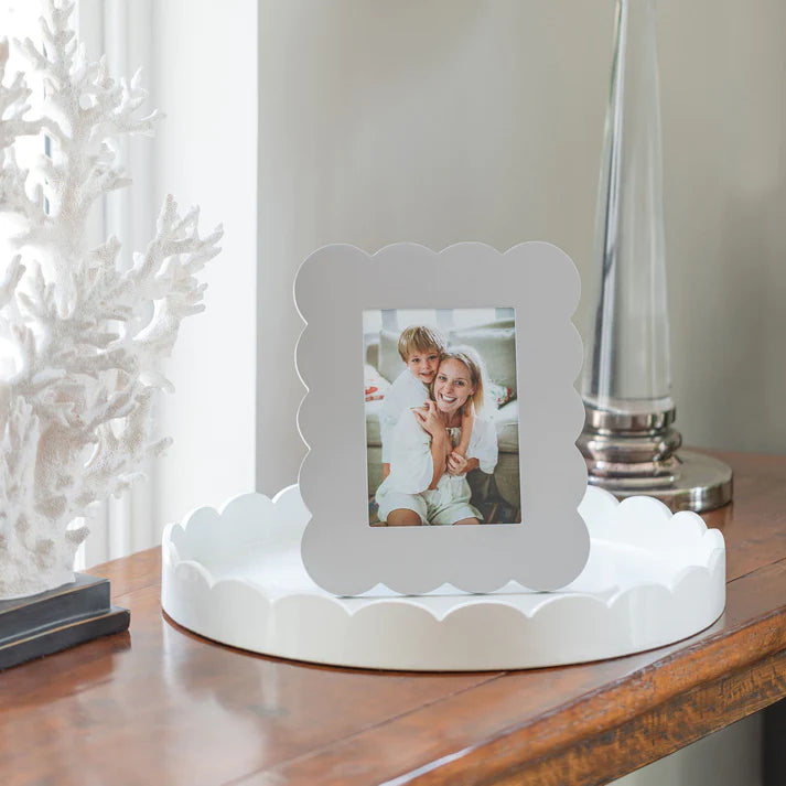 Round 16" White Scalloped Lacquer Serving Tray, High Gloss Finish, by Addison Ross