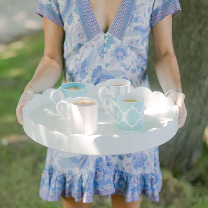 Round 16" White Scalloped Lacquer Serving Tray, High Gloss Finish, by Addison Ross