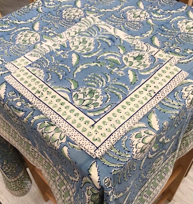 Thistle Blue Block Print Tablecloth 60x120