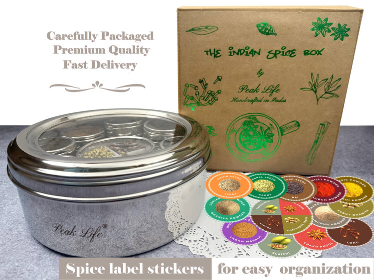 Spice Box Stainless Steel Container, includes 12 spices and labels