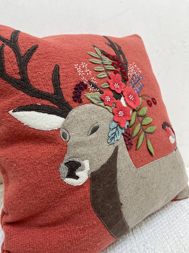 Whimsical Reindeer Robin Applique Pillow 16x16 with insert