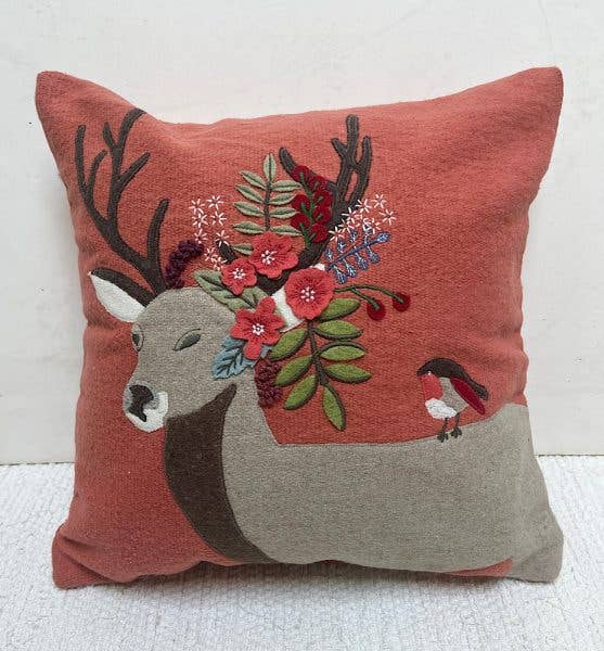 Whimsical Reindeer Robin Applique Pillow 16x16 with insert
