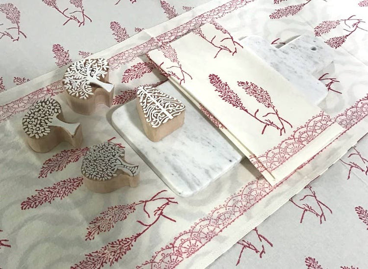Pampas Grass Red Block Print Napkins - Set of 4