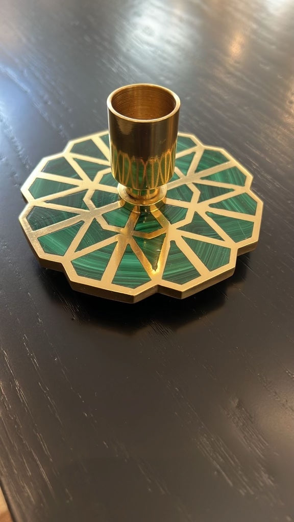 Viya Home Mughal Malachite Brass Candle Holder 4 x 2.2in