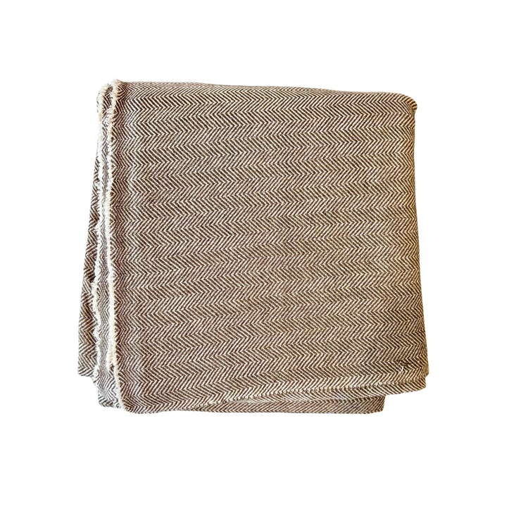 Folded beige and brown herringbone patterned blanket on a white background. Deep chocolate brown and taupe herringbone patterned hand loomed wool throw blanket, folded neatly.