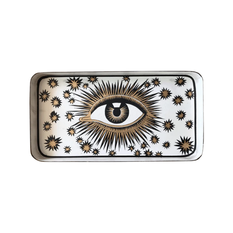 Decorative iron tray, eye by Les Ottomans in white. Adds a whimsical artistic touch to a desk or coffee table for an art deco style