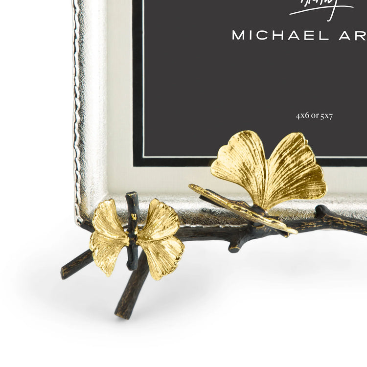 Michael Aram Butterfly Ginkgo easel frame, metal with ginkgo leaves, displayed on an easel, for modern photo display