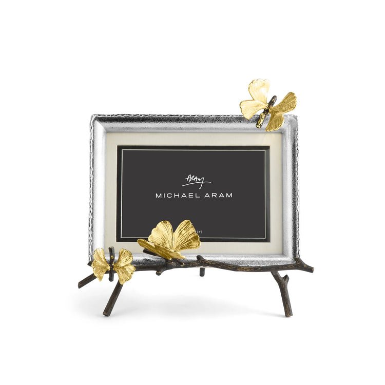Michael Aram Butterfly Ginkgo easel frame, metal with ginkgo leaves, displayed on an easel, for modern photo display