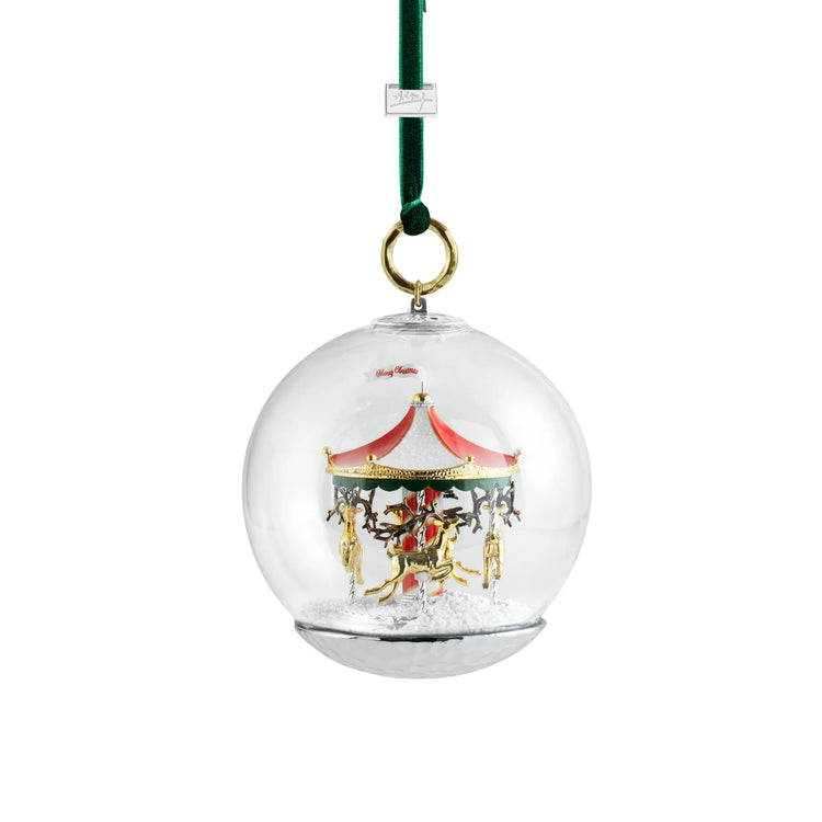 Michael Aram merry-go-round snow globe ornament, metal with festive design, for joyful decoration.