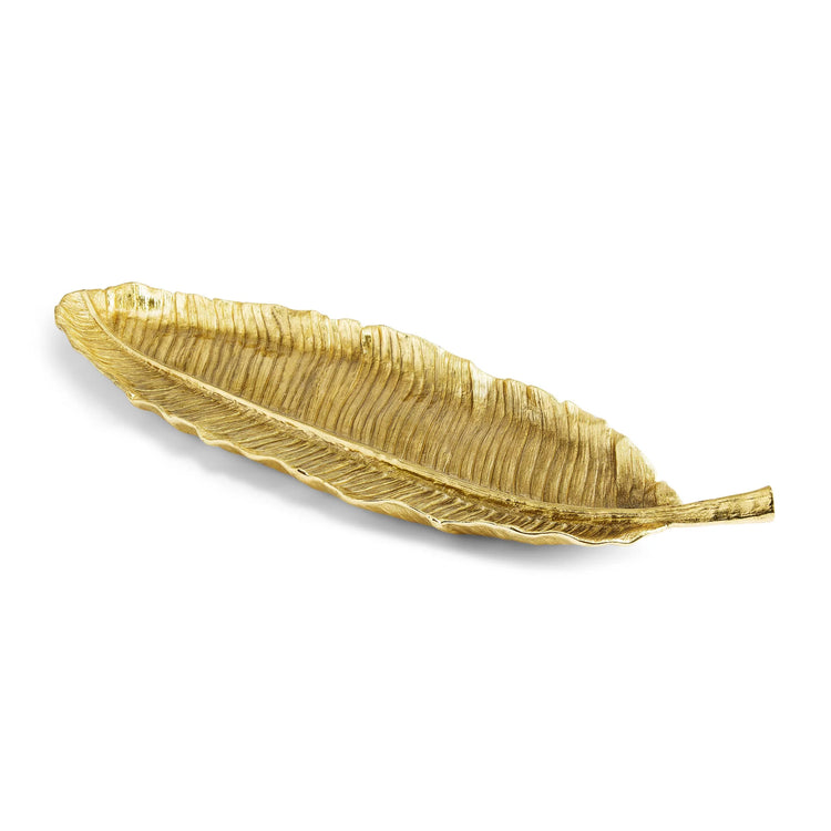 Michael Aram large banana platter, gold metal with banana leaf design, tropical serving piece