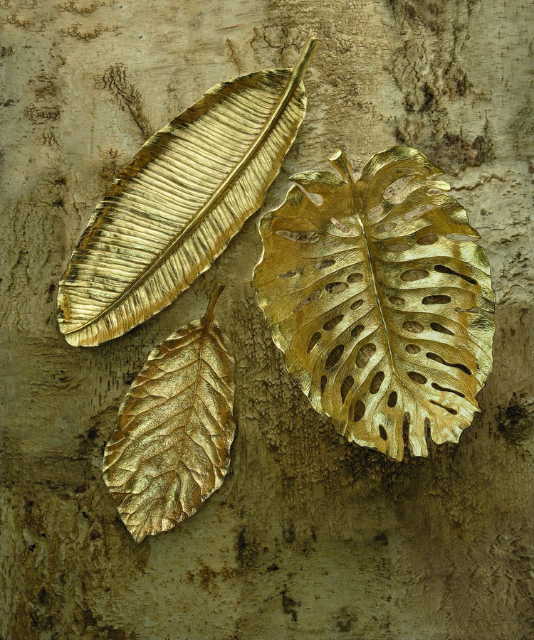 Michael Aram large banana platter, gold metal with banana leaf design, tropical serving piece