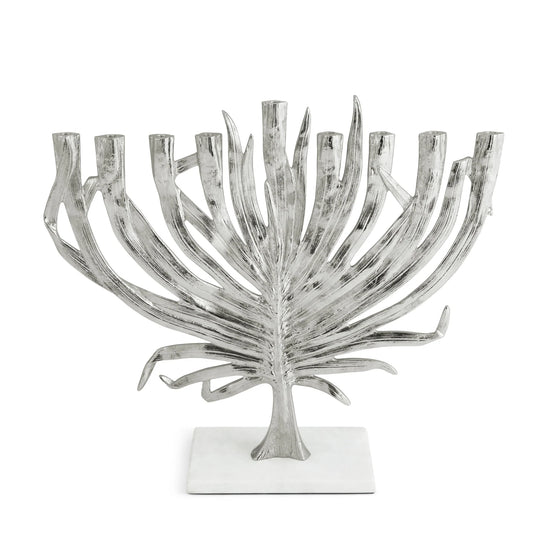 Michael Aram Palm menorah, silver metal with palm design, for modern Hanukkah decoration