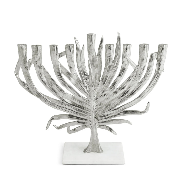 Michael Aram Palm menorah, silver metal with palm design, for modern Hanukkah decoration