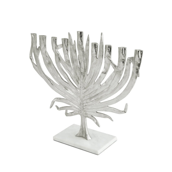 Michael Aram Palm menorah, silver metal with palm design, for modern Hanukkah decoration