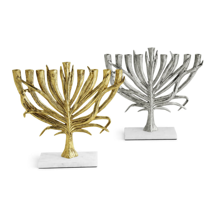 Michael Aram small nickel plate palm menorah, metal with palm design, a modern Hanukkah centerpiece