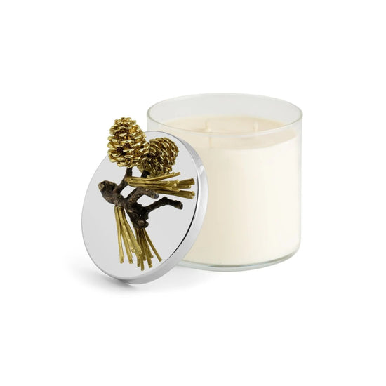 Michael Aram pine cone candle, metal holder with pine cone design, for rustic home décor