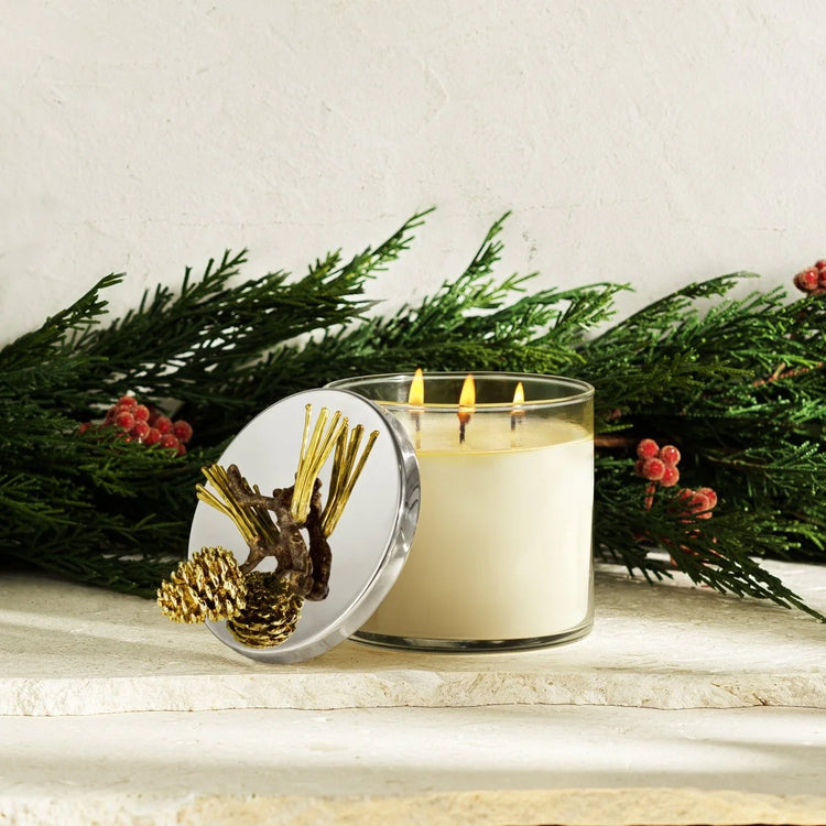 Michael Aram pine cone candle, metal holder with pine cone design, for rustic home décor