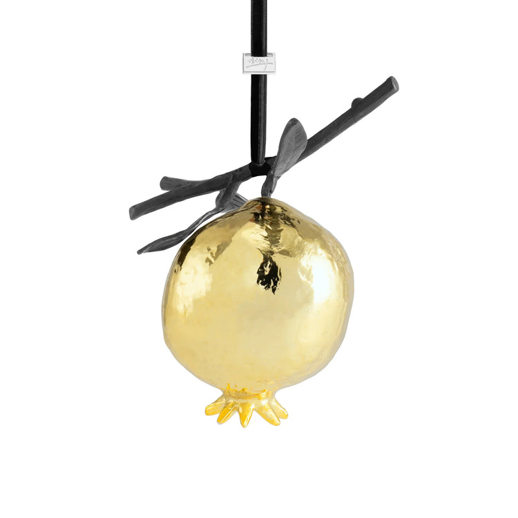 Michael Aram pomegranate ornament, gold with black stem, for luxe holiday decoration