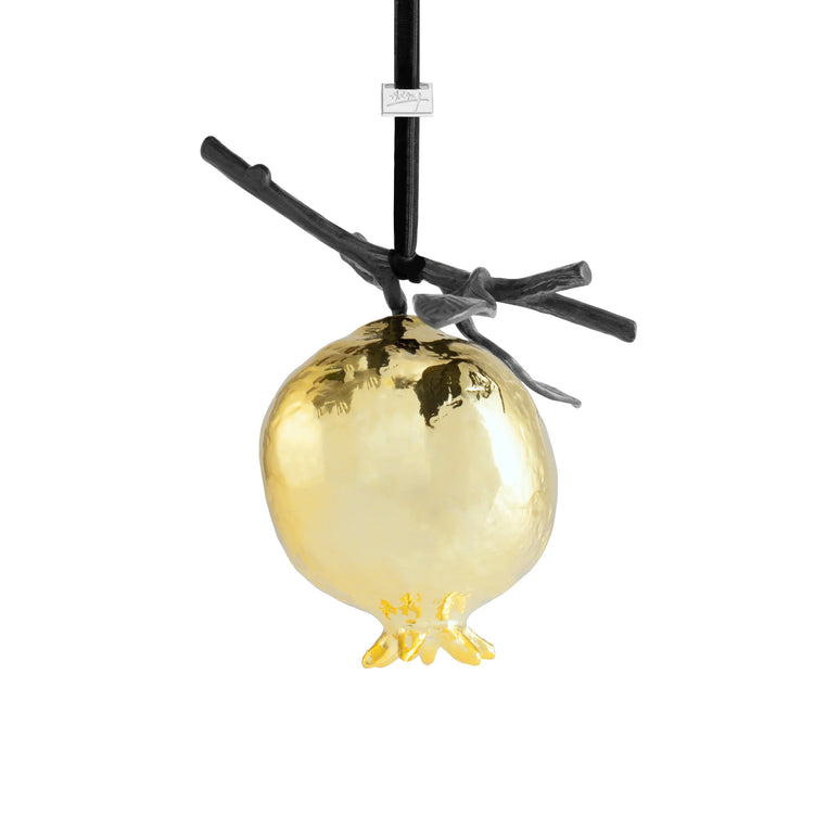 Michael Aram pomegranate ornament, gold with black stem, for luxe holiday decoration