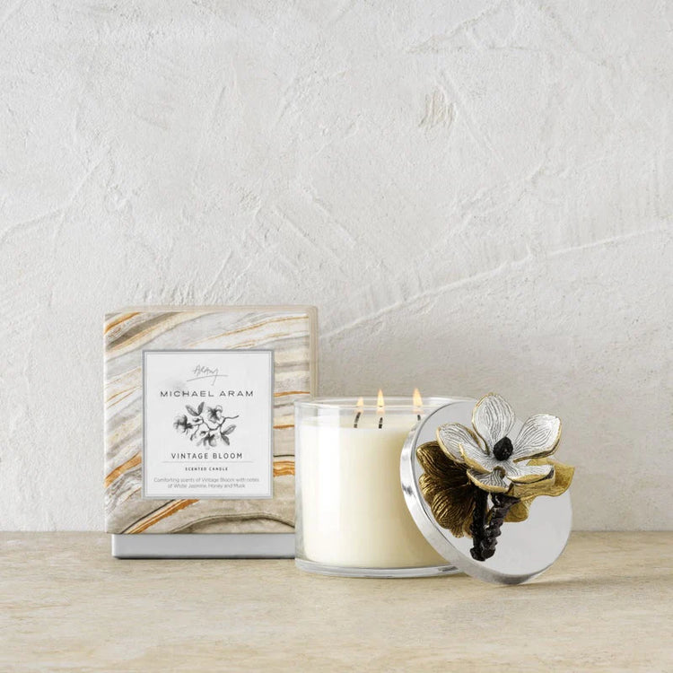 Michael Aram vintage bloom candle, metal holder with vintage floral design, for nostalgic home decor.